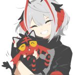  1girl arknights black_gloves black_shirt closed_eyes corrupted_twitter_file demon_horns fingerless_gloves gloves grey_hair highres holding holding_pokemon horns litten multicolored_hair nail_polish pokemon pokemon_(creature) red_nails shirt shuuyakikou simple_background sleeves_rolled_up solo streaked_hair w_(arknights) white_background 