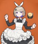  1girl amanogawa_shiina black_dress blonde_hair blue_eyes blue_hair colored_inner_hair commentary dress english_commentary highres long_sleeves maid multicolored_hair orange_background phase_connect scissors_hair_ornament short_hair smile sussynano virtual_youtuber 