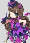  1girl :d ;d absurdres blue_dress blue_eyes blue_gloves bow bowtie brown_hair demon_horns demon_tail dress fake_horns fake_tail fang gloves grey_background hand_on_own_hip hand_up hat highres horns index_finger_raised kurosu_aroma layered_dress long_hair looking_at_another mini_hat mini_witch_hat multicolored_dress one_eye_closed owoxxxc pink_bow pink_bowtie pink_dress pink_horns pretty_series pripara purple_dress purple_hat sidelocks simple_background smile solo tail tilted_headwear witch_hat 