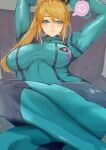  1girl absurdres aqua_bodysuit arms_up blonde_hair bodysuit breasts commentary cowboy_shot gradient_background hair_between_eyes high_ponytail highres large_breasts looking_at_viewer metroid mole mole_under_mouth ponytail pyxgt samus_aran simple_background sitting solo zero_suit 