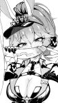  1boy 1girl absurdres breasts cleavage commentary cottontail_(vtuber) dithering freckles froq_art handjob heart heart-shaped_pupils highres indie_virtual_youtuber large_breasts monochrome penis ponytail rabbit_girl shirt symbol-shaped_pupils uncensored v virtual_youtuber visor_cap 