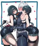  1girl 2boys animal_ears bibie307 bisexual_male black_shirt black_shorts black_thighhighs blue_eyes blush breasts cat_boy cat_ears cleavage commentary_request genderswap genderswap_(ftm) grey_hair heart highres jane_doe_(zenless_zone_zero) john_doe_(zenless_zone_zero)_(scopeophilia) large_breasts looking_at_viewer mouse_boy mouse_girl mouse_tail multicolored_hair multiple_boys nail_polish pantyhose red_nails red_streaks scar scar_on_shoulder seth_lowell shirt short_hair shorts streaked_hair tail thighhighs torn_clothes torn_pantyhose torn_thighhighs white_hair zenless_zone_zero 
