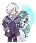  1boy 1girl ascot black_pants blue_eyes blush_stickers bracelet clenched_hand closed_mouth coat collar collared_shirt commentary_request cropped_legs detached_collar detached_sleeves dress dress_shirt flower frilled_collar frills genshin_impact green_hair hair_between_eyes hair_flower hair_ornament hair_over_one_eye hand_on_another's_arm hand_up hands_on_own_hips highres jewelry korean_commentary long_hair long_sleeves looking_at_viewer looking_to_the_side medium_dress mitya_(genshin_impact) notice_lines open_clothes open_coat open_hand pants peeking_out purple_coat purple_eyes purple_sleeves purple_trim purple_vest shirt single_bare_shoulder single_extra_arm smile tsurime undershirt very_long_hair vest vodyanitsa_(genshin_impact) wavy_hair white_ascot white_background white_dress white_flower white_hair white_shirt white_sleeves wingtip_collar yoyuyu_0 