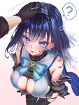  1girl 1other ? black_gloves black_shirt black_skirt black_thighhighs blue_bow blue_bowtie blue_cape blue_eyes blue_hair bow bow_earrings bowtie breasts brooch cape chain chain_headband cleavage commentary cropped_shirt detached_sleeves earrings english_commentary fanged_bangs frilled_skirt frilled_sleeves frills gloves grey_sleeves hair_intakes half-skirt headpat heart heart_brooch highres hololive hololive_english jewelry juliet_sleeves large_breasts long_sleeves miniskirt ouro_kronii ouro_kronii_(1st_costume) pinstripe_pattern pinstripe_shirt pinstripe_skirt puffy_sleeves sailor_collar shirt simple_background skirt solo_focus spoken_question_mark sylphynia thighhighs veil vest virtual_youtuber white_background white_sailor_collar white_veil white_vest 