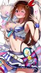 1girl belt bikini bikini_skirt bikini_under_clothes bikini_under_skirt blue_bikini blue_eyes blush breasts breasts_out brown_hair chain cleavage commentary_request diamond_hair_ornament embarrassed front-tie_bikini_top front-tie_top hair_flaps hair_ornament hair_ribbon hairclip hands_up highleg highleg_bikini highres hololive hololive_summer_2023_swimsuit large_breasts layered_bikini long_hair looking_at_viewer navel nipples official_alternate_costume one_eye_closed open_mouth ribbon skirt solo star_(symbol) star_hair_ornament striped_bikini striped_clothes sweatdrop swimsuit takakun thigh_belt thigh_strap tokino_sora translation_request virtual_youtuber white_belt white_bikini zoom_layer 
