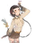  1girl absurdres black_gloves black_hair blunt_bangs braid brown_eyes brown_hair brown_shirt brown_skirt brown_thighhighs cchikuwabu commentary_request fingerless_gloves gloves gradient_hair highres kantai_collection long_hair military_uniform multicolored_hair one-hour_drawing_challenge pleated_skirt shirt simple_background single_braid skirt smile solo thighhighs white_background yamashio_maru_(kancolle) 