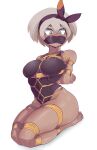  1girl absurdres arms_behind_back bagelbomb bare_shoulders barefoot bdsm bea_(pokemon) blush bodysuit bondage bound bound_arms bound_legs bound_thighs box_tie breast_bondage breasts cloth_gag commentary covered_navel dark-skinned_female dark_skin embarrassed full-face_blush full_body gag gagged green_eyes grey_hair groin hairband highres improvised_gag medium_breasts open_mouth over_the_mouth_gag pokemon pokemon_sword_and_shield restrained rope seiza shibari shibari_over_clothes short_hair simple_background sitting skindentation soles solo sweat thighs toes wavy_mouth white_background yellow_rope 
