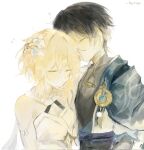  1boy 1girl anemo_symbol_(genshin_impact) aqua_gem bare_shoulders belt black_bow black_bridal_gauntlets black_hair black_shorts black_tank_top blonde_hair blue_cape blunt_ends bow breasts bridal_gauntlets cape closed_eyes closed_mouth commentary covered_mouth criss-cross_halter detached_sleeves dress flower flying_sweatdrops gem genshin_impact gold_necklace gold_ring hair_between_eyes hair_flower hair_ornament halterneck hand_on_another's_head hand_up heart hetero highres jewelry kissing_head kyumiya long_sleeves lumine_(genshin_impact) mandarin_collar medium_breasts necklace open_clothes open_shirt pom_pom_(clothes) purple_belt rope scaramouche_(genshin_impact) shirt short_hair short_sleeves shorts sidelocks simple_background sleeveless sleeveless_dress tank_top untranslatable_commentary upper_body vision_(genshin_impact) wanderer_(genshin_impact) white_background white_dress white_flower white_shirt white_sleeves 