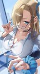  1girl absurdres asuna_(blue_archive) asuna_(school_uniform)_(blue_archive) blonde_hair blue_archive blue_eyes blue_halo blue_ribbon blue_skirt blush breasts choker cleavage collarbone commentary_request glasses grin hair_over_one_eye hair_ribbon halo highres large_breasts long_hair looking_at_viewer mango_(hebimango) mole mole_on_breast official_alternate_costume ribbon scrunchie shirt skirt sleeves_rolled_up smile solo white_shirt wrist_scrunchie 
