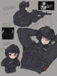  1girl arms_behind_head assault_rifle backpack bag balaclava black_gloves black_helmet black_shirt blood blood_on_face call_of_duty clenched_teeth combat_helmet commentary cropped_legs cropped_torso daewoo_k1 ear_protection eotech foregrip game_screenshot_inset gloves goggles grey_background gun headphones headset helmet highres holding holding_knife knife korean_text laser_sight load-bearing_vest long_sleeves microphone military_combat_uniform military_operator military_uniform minhee_(cod:_mw4) mole mole_under_eye multiple_views night_vision_device ppopy124 reference_inset rifle screenshot_inset shirt sight_magnifier smile south_korean_flag suppressor sweat tactical_clothes teeth vertical_foregrip watch weapon wristwatch 