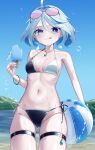  1girl :q absurdres alternate_costume ass_visible_through_thighs ball beachball bikini black_bikini blue_eyes blue_gem blue_hair blue_nails blue_pupils breasts breasts_apart closed_mouth collarbone commentary_request cowboy_shot dated day drop-shaped_pupils eyewear_on_head fingernails food furina_(genshin_impact) gem genshin_impact groin hair_between_eyes hand_up heterochromia highres holding holding_ball holding_beachball holding_food holding_popsicle jewelry looking_at_viewer medium_breasts medium_hair nail_polish navel necklace o-ring o-ring_bikini outdoors pink-tinted_eyewear popsicle round_eyewear side-tie_bikini_bottom skindentation solo stomach swimsuit symbol-shaped_pupils thigh_strap tinted_eyewear tongue tongue_out two-tone_swimsuit utsuro_(lyons) wet white_bikini white_hair 
