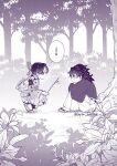  1boy 1girl aged_down alternate_costume butterfly_hair_ornament child commentary_request floral_print floral_print_kimono from_side greyscale gysn_hihihi3 hair_ornament hakama japanese_clothes kimetsu_no_yaiba kimono kiss kochou_shinobu long_hair long_sleeves looking_at_another low_ponytail monochrome outdoors parted_bangs plant ponytail print_kimono profile sandals short_hair silhouette sitting speech_bubble squatting tabi talking tearing_up tiptoes tomioka_giyuu translation_request tree twitter_username 