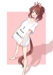  1girl absurdres ahoge animal_ears blush breasts brown_eyes brown_hair checkered_ribbon clothes_writing dantsu_flame_(umamusume) ear_covers ear_ribbon hair_between_eyes hairband highres horse_ears horse_girl horse_tail large_breasts looking_at_viewer multicolored_hair open_mouth pink_hairband shirt short_sleeves simple_background smile solo tail ukichan22905846 umamusume white_hair white_shirt 
