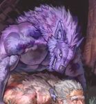 2026 all_fours anthro biceps canid claws clenched_teeth deltoids digital_drawing_(artwork) digital_media_(artwork) duo eyebrows eyes_closed finger_claws front_view fur grass grey_eyebrows grey_hair hair half-length_portrait hi_res human kingarthur_i looking_down looking_down_at_another lying male male_anthro male_human mammal muscular muscular_anthro muscular_male nude_anthro nude_male on_front pecs plant pointy_ears portrait prick_ears purple_body purple_fur purple_hair snout teeth trapezius tree