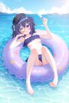  1girl absurdres afloat bare_legs barefoot beret bikini bikini_bottom_aside bikini_top_lift black_bikini black_hair black_hat blue_bow blue_eyes blue_sky blush bone_hair_ornament bow breasts chinese_commentary cleft_of_venus clothes_lift clothing_aside cloud colored_inner_hair commentary_request day fangs feet food frilled_bikini frills hair_bow hair_ornament hair_ribbon hairband hat heterochromia highres holding holding_food holding_popsicle innertube legs_up looking_at_viewer medium_hair monocle multicolored_hair nail_polish navel nipples no_shoes ocean ohako_miyu open_mouth original outdoors pink_nails popsicle purple_eyes purple_hair purple_ribbon pussy reclining ribbon ruffle_bikini sample_watermark short_hair skin_fangs sky small_breasts soles solo stomach swim_ring swimsuit thighs toenail_polish toenails toes uncensored variant_set water watermark 