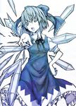  bad_id bad_pixiv_id blue_eyes blue_hair bow cirno dress hair_bow hand_on_hip ice ice_wings kenzaki_raki open_mouth pointing ribbon short_hair solo touhou wings 