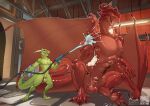 absurd_res animal_genitalia anthro balls big_muscles big_pecs claws drag'n_wash dragon duo english_text european_mythology feral gator_dragon_games genitals green_body green_scales hi_res horn huge_pecs inside kael_(kaelash) kaelash kobold kobold_(drag'n_wash) laugh male muscular mythological_creature mythological_scalie mythology nude pecs penis red_body red_scales scales scalie sheath size_difference smile spraying_water tail text water western_dragon wet wings