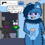 1:1 anthro arachnid arthropod black_body blue_body blue_eyes digital_drawing_(artwork) digital_media_(artwork) digital_painting_(artwork) domestic_cat door doorway english_text felid feline felis female genitals group hi_res holding_penis lapiscrowlime male mammal nude nude_male open_door painting_(artwork) pantherine penis pink_nose procreate_(artwork) scarf scorpion shaded shocked slime text tiger trio