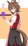  1girl absurdres agnes_tachyon_(umamusume) ahoge animal_ears apron ass black_pants brown_hair commentary_request earrings employee_uniform fast_food_uniform flask from_behind hair_between_eyes highres holding holding_tray horse_ears horse_girl horse_tail jewelry kfc looking_at_viewer looking_back mayomaru1 medium_hair official_alternate_costume open_mouth pants red_apron red_eyes red_vest shirt short_sleeves smile solo tail tray umamusume vest white_shirt 
