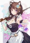  1girl :d absurdres ahoge animal_ears apron aqua_flower aqua_nails black_dress bolt_action breasts brown_hair charm_(object) chinese_commentary cleavage commentary_request commission dog_ears dress fibonacci_no_usagi flower frilled_apron frills grin gun hair_flower hair_ornament highres holding holding_gun holding_weapon large_breasts long_hair looking_at_viewer mauser_98 nail_polish original pointing pointing_at_viewer rifle sleeveless sleeveless_dress smile solo teeth waist_apron weapon white_flower yellow_flower 