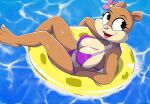 accessory anthro big_breasts bikini breasts brown_body brown_fur cleavage clothed clothing eyelashes female flower flower_in_hair fur hair hair_accessory hi_res mammal nickelodeon open_mouth open_smile pink_nose plant pool_float pool_toy rodent sandy_cheeks sciurid smile solo spongebob_squarepants swimwear tree_squirrel two-piece_swimsuit water wet wet_body zebra10045