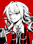  1boy aizeropoint coat collared_shirt commentary epaulettes eyes_visible_through_hair hair_between_eyes highres jewelry la_manchaland's_don_quixote_(project_moon) limbus_company long_hair looking_to_the_side male_focus necklace parted_lips pendant pointy_ears portrait project_moon red_background red_eyes red_theme shirt sidelocks simple_background smile solo striped_clothes striped_shirt vampire wavy_hair white_hair 