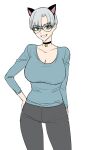  animal_ears bell black_choker breasts cat_ears choker cleavage collar collarbone commentary fake_animal_ears glasses green_eyes grey_hair grey_pants hand_on_own_hip highres huge_breasts kimleon large_breasts long_sleeves neck_bell open_mouth original pants shirt short_hair simple_background smile solo standing sweater teeth tomboy white_background yuna_(kimleon) 