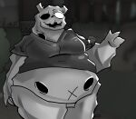 absurd_res anthro belly black_clothing black_shirt black_topwear bottomless bottomless_anthro bottomless_female breasts clothed clothing elemental_creature female grey_body hi_res kaiju mewgenics mineral_fauna monorama open_mouth overweight overweight_anthro overweight_female reptile rock rock_creature scalie shirt shirt_only solo topwear topwear_only turtle zaratana_(mewgenics)