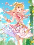  1girl :d ;d album_cover arm_strap blonde_hair blue_sky blush bow breasts cloud company_name contrail copyright_notice cover cropped_shirt cross-laced_clothes cross-laced_top day earrings falling_petals floating_hair flower fountain hair_bow hand_in_own_hair highres hoshikawa_sara idol_clothes jewelry layered_skirt long_hair looking_at_viewer midriff multicolored_hair myao_(myaodayone) neck_ribbon nijisanji official_alternate_costume official_art one_eye_closed one_side_up open_mouth outdoors pearl_hair_ornament petals pink_bow pink_hair pink_ribbon pink_shirt pink_skirt pom_pom_(clothes) ribbon ring rose second-party_source shirt skirt sky sleeveless sleeveless_shirt smile solo tiara tree virtual_youtuber white_bow white_skirt yellow_bow yellow_eyes yellow_flower yellow_ribbon yellow_rose 