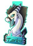 badge bodily_fluids claws dragon feral hair hi_res horn jewelry looking_at_viewer male mythological_creature mythological_scalie mythology open_mouth open_smile saliva saliva_string scalie smile solo spade_tail tail tarkir tarkir_(character) tongue tongue_out