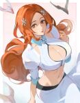  1girl absurdres artist_name bleach bleach:_sennen_kessen-hen border breasts brown_eyes brown_hair cleavage closed_mouth commentary cowboy_shot cropped_vest detached_sleeves hair_ornament highres inoue_orihime inoue_orihime_(sennen_kessen-hen) large_breasts long_hair long_skirt looking_at_viewer midriff navel open_clothes open_vest parted_bangs pink_background ribbed_vest shun_shun_rikka skirt snowflake_hair_ornament solo vest white_border white_skirt white_sleeves white_vest yubuki_i 