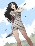  1girl arm_at_side artist_name bandaged_hand bandages black_hair blue_sky breasts cloud commentary dress dutch_angle english_commentary eyeshadow falling_leaves feet_out_of_frame floating_hair forehead_protector from_below hand_on_own_shoulder highres holding holding_kunai holding_weapon konohagakure_symbol kunai leaf legs_apart lipstick long_hair long_legs makeup narrow_waist naruto_(series) ninja nose outdoors red_eyes red_eyeshadow red_lips red_nails red_sleeves short_dress single_sleeve sky slim_legs small_breasts standing vashperado weapon yuuhi_kurenai 