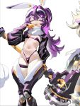  1girl absurdres animal_ears armored_boots bikini boots commentary_request fake_animal_ears flat_chest fur-trimmed_boots fur_trim giant_hammer hair_between_eyes hammer highleg highleg_bikini highres holding holding_hammer korean_commentary long_hair looking_at_viewer mechanical_ears micro_bikini navel one_eye_closed open_mouth original ponytail purple-tinted_eyewear purple_bikini purple_eyes purple_hair rabbit_ears swimsuit teeth thigh_boots tinted_eyewear upper_teeth_only veksoo yawning 