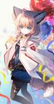  1girl :| ahoge animal_ear_fluff animal_ears aoko_(amamiya_aoko) arknights arms_behind_back bag balloon birthday black_bag black_choker black_pantyhose blue_eyes blue_jacket chinese_commentary choker cloak closed_mouth commentary_request confetti dot_nose expressionless fox_ears fox_girl fox_tail grey_hair heart_balloon highres holding holding_balloon hood hood_down hooded_cloak id_card jacket long_hair long_sleeves looking_at_viewer material_growth medium_hair oripathy_lesion_(arknights) pantyhose solo sussurro_(arknights) tail test_tube thigh_strap white_cloak 