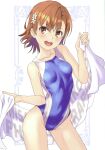  1girl :d absurdres bare_shoulders blue_one-piece_swimsuit blush breasts brown_eyes brown_hair collarbone competition_school_swimsuit competition_swimsuit cowboy_shot hair_between_eyes hair_ornament hairclip highleg highleg_one-piece_swimsuit highres holding holding_towel long_hair looking_at_viewer medium_hair misaka_mikoto one-piece_swimsuit open_mouth raika9 scan school_swimsuit school_uniform small_breasts smile solo standing swimsuit toaru_kagaku_no_railgun toaru_majutsu_no_index tokiwadai_school_swimsuit towel 