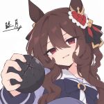  1girl animal_ears artist_name black_ribbon braid braided_hair_rings brown_hair commentary_request ear_covers gentildonna_(umamusume) hair_between_eyes hair_ribbon hair_rings highres holding horse_ears horse_girl long_hair long_sleeves purple_shirt red_eyes ribbon sailor_collar saionji_mutsuki school_uniform shirt simple_background single_ear_cover smile solo strong tracen_school_uniform two-tone_shirt umamusume white_sailor_collar white_shirt 