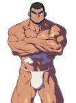  1boy abs alternate_skin_color bara black_hair blue_eyes buzz_cut closed_mouth commentary corrupted_twitter_file fundoshi highres japanese_clothes lightened_skin looking_at_viewer male_focus matt_(pokemon) muscular muscular_arms muscular_male pokemon pokemon_omega_ruby_and_alpha_sapphire short_hair shredded_muscles simple_background solo thighs topless_male untranslatable_commentary veins very_short_hair white_background wubuliang 