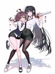  2girls absurdres ahoge bare_legs black_hair black_pantyhose black_skirt blue_vest breasts closed_mouth collarbone color_guide dixretsa full_body green_eyes highres large_breasts long_hair multiple_girls office_lady open_collar original pantyhose pencil_skirt purple_eyes purple_hair sandals school_uniform shadow shirt shoes short_hair simple_background skirt small_breasts sneakers socks standing vest white_background white_shirt white_socks 