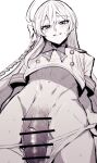 1boy bar_censor blue_archive blush censored commentary_request cowboy_shot from_below genderswap genderswap_(ftm) hanako_(blue_archive) looking_at_viewer looking_down male_focus monochrome neck_ribbon penis ribbon short_sleeves smile solo standing sweat trap white_background yashiro_osa 