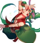  1boy arabian_clothes arm_up armlet bracer brown_shoes commentary_request full_body green_hair green_hat green_pants hand_on_own_face harem_pants hat highres hursh_(puyopuyo) jewelry leaning_forward long_hair male_focus open_clothes open_mouth open_vest pants ponytail puffy_pants puyopuyo puyopuyo_quest red_eyes red_vest shoes simple_background smile solo turban urolo very_long_hair vest white_background 