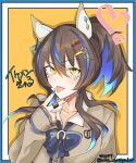  1girl animal_ears bandaid bandaid_on_finger bandaid_on_hand blue_bow blue_hair blush bow brown_hair brown_sweater collarbone commentary_request daitaku_helios_(umamusume) ear_covers facial_tattoo hair_between_eyes hair_ornament hairclip heart highres horse_ears horse_girl long_hair looking_at_viewer multicolored_hair multicolored_nails shirt side_ponytail solo star_(symbol) star_hair_ornament streaked_hair sweater tattoo tongue tongue_out uma_motiyodor umamusume v yellow_eyes 