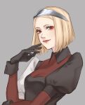  1boy black_gloves blonde_hair closed_mouth commentary_request crossdressing crossdressing_(mtf) dress gloves grey_background jack_jeanne juliet_sleeves long_sleeves looking_at_viewer male_focus mole mole_under_mouth pace_(kanna) puffy_sleeves red_dress red_eyes short_hair simple_background sleepless_king_(jack_jeanne) smile solo takashina_sarafumi trap upper_body 