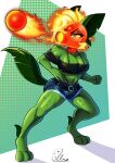 2026 3_toes absurd_res anthro barefoot belt belt_buckle big_breasts black_belt black_clothing black_topwear blue_bottomwear blue_clothing blue_shorts bottomwear breasts buckle clothing digitigrade dotted_background electronic_arts elemental_creature eyebrows eyelashes feet female fire fire_peashooter_(pvz) flaming_hair flora_fauna freckled_breasts freckled_legs freckled_shoulders freckled_thighs freckles glowing glowing_head glowing_hot green_body green_pseudo_hair green_tail hair hi_res leaf leaf_ears leaf_hair leaf_tail orange_glow pattern_background peablaze_(leafpaw) peashooter_(pvz) plant plant_hair plant_tail plants_vs._zombies popcap_games pseudo_hair pseudo_tail red_hair rodolfoslime shaded shadow shorts signature simple_background siphon_(anatomy) solo tail teal_background thong_straps toes topwear wide_stance yellow_sclera