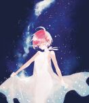  1girl absurdres bare_shoulders blue_sky closed_eyes closed_mouth commentary_request cowboy_shot dress facing_viewer highres holding_own_dress jack_jeanne liio_oiil night partial_commentary pink_hair see-through_silhouette short_hair sky sleeveless sleeveless_dress smile solo star_(sky) starry_sky tachibana_kisa white_dress 