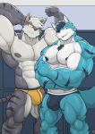 abs absurd_res anthro biceps big_muscles blue_body blue_eyes canid canine canis countershade_face countershade_torso countershading deltoids duo flexing forearm_muscles grey_body hi_res huge_muscles looking_at_viewer male mammal muscular muscular_anthro muscular_male nipples pecs quads shinobiya stripes tail wolf yellow_eyes