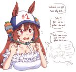 animal_humanoid baseball_cap beer_hat brown_hair clothing cygames daiwa_scarlet_(pretty_derby) english_text equid equid_humanoid equine equine_humanoid fangs female frilly frilly_clothing frilly_shirt frilly_topwear hair hat headgear headwear horse_humanoid humanoid mammal mammal_humanoid mywool nickelodeon offscreen_character one_fang open_mouth red_eyes shirt simple_background small_fangs soda_drinking_hat solo speech_bubble spongebob_squarepants teeth text thought_bubble topwear uma_musume_pretty_derby vodka_(pretty_derby) white_background white_clothing white_shirt white_topwear
