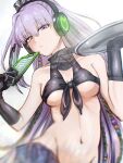  1girl black_gloves breasts clipboard commentary fate/grand_order fate_(series) gloves headphones heterochromia highres holding holding_clipboard holding_tray kingprotea_(fate) kingprotea_alter_(fate) kingprotea_alter_(swimsuit_avenger)_(first_ascension)_(fate) long_hair maeyakara000 medium_breasts navel purple_eyes purple_hair solo tray yellow_eyes 