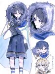  2boys adapted_costume aether_(genshin_impact) ahoge aqua_gem armor arrow_(symbol) black_gloves black_hair black_shirt black_shorts black_socks blonde_hair blue_scarf blunt_ends blush braid brown_shirt bt7gj3 closed_mouth coat commentary_request earrings eyeshadow feet_out_of_frame flying_sweatdrops fur-trimmed_coat fur_trim gem genshin_impact gloves hair_between_eyes highres hood hooded_coat jewelry leg_warmers long_hair long_sleeves looking_at_viewer looking_up low-braided_long_hair low-tied_long_hair makeup male_focus multiple_boys multiple_views official_alternate_costume open_clothes open_coat parted_bangs purple_eyes red_eyeshadow scaramouche_(genshin_impact) scarf shirt short_hair shorts shoulder_armor simple_background single_braid single_earring smile socks solo_focus standing teeth upper_body vision_(genshin_impact) wanderer_(genshin_impact) wanderer_(nord_express)_(genshin_impact) white_background white_coat white_leg_warmers white_scarf wide_sleeves yellow_eyes 