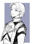  1boy ashinamaturi border commentary_request gensou_suikoden gensou_suikoden_iii greyscale_with_colored_background highres light_smile looking_at_viewer male_focus monochrome parted_bangs parted_lips purple_background purple_eyes sasarai_(suikoden) short_hair simple_background solo upper_body white_border 