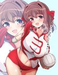  1girl :d ball bare_arms blush breasts brown_hair collarbone commentary_request dated double-stroke_eyebrows elbow_pads girls_und_panzer gratin_(kumaisao) hair_intakes highres kondou_taeko large_breasts looking_at_viewer midriff navel ooarai_volleyball_uniform purple_eyes red_shorts shirt short_shorts shorts simple_background smile sportswear volleyball_(object) volleyball_(sport) volleyball_uniform white_shirt zoom_layer 